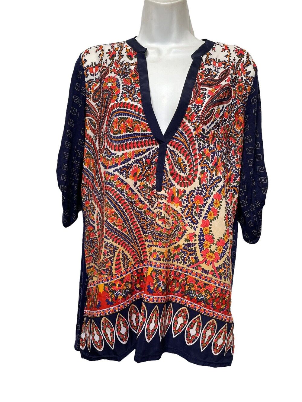 Anthropologie Tiny Paisley Henley Roll Tab Sleeve popover Blouse size S